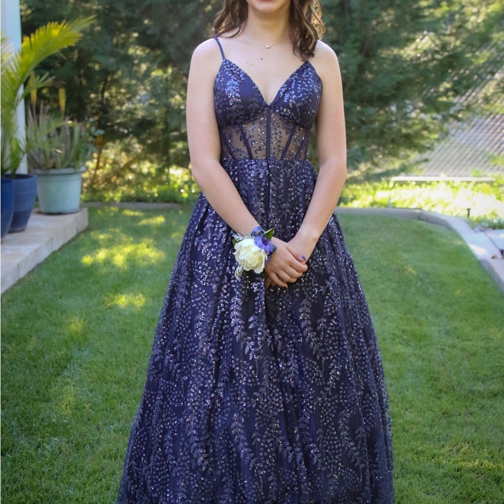 Blue Sequin Embellished Sleeveless Prom Gown